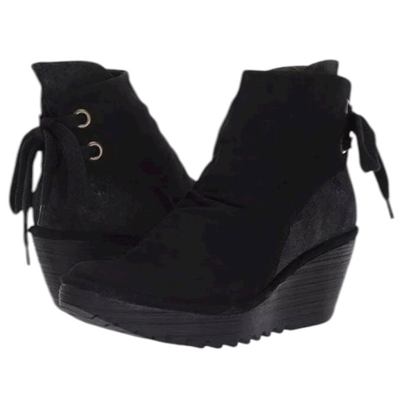 Fly London Shoes - Fly London Yama black suede wedge ankle boots with tie back
